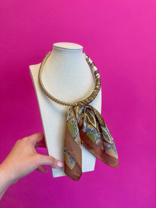Scarf and Gold Bead Necklace - Brown and Green