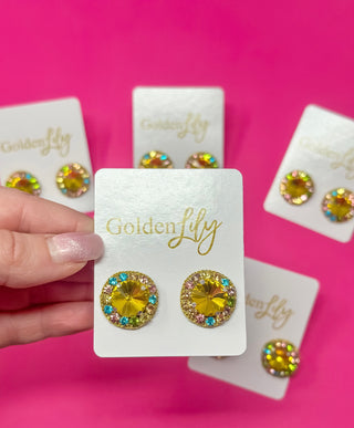 Statement Stud Earrings - Yellow with Multi Stones