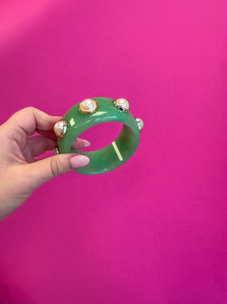 Bangle Bracelet - Green with Pearl
