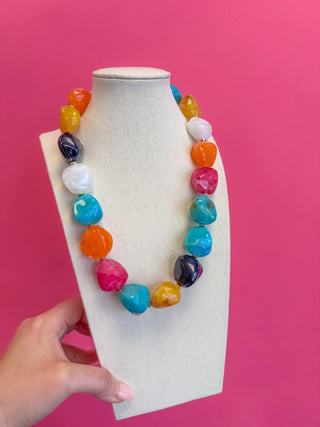 Chunky Beaded Necklace - Black, Orange, Turquoise, Pink