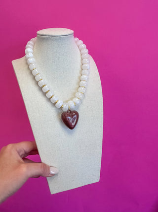 Statement Beaded Heart Necklace - White with Brown Heart
