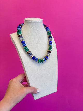 Colorful Chunky Bead with Gold Bead Necklace - Navy