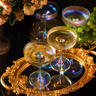 Set Of 4 Ripple Ribbed Champagne Coupe Iridescent Colored Glasses By Prosecco Mimosa