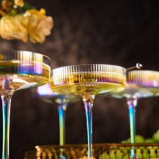 Set Of 4 Ripple Ribbed Champagne Coupe Iridescent Colored Glasses By Prosecco Mimosa