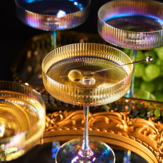 Set Of 4 Ripple Ribbed Champagne Coupe Iridescent Colored Glasses By Prosecco Mimosa