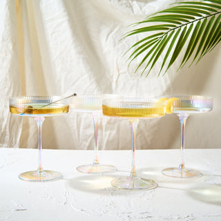 Set Of 4 Ripple Ribbed Champagne Coupe Iridescent Colored Glasses By Prosecco Mimosa