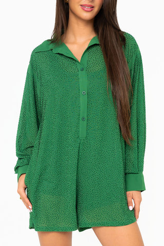 QOS Green Rhinestone Button Up Romper
