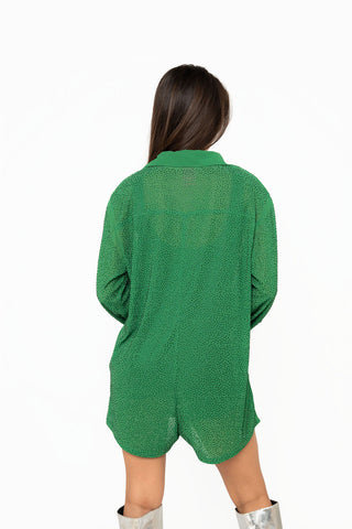 QOS Green Rhinestone Button Up Romper
