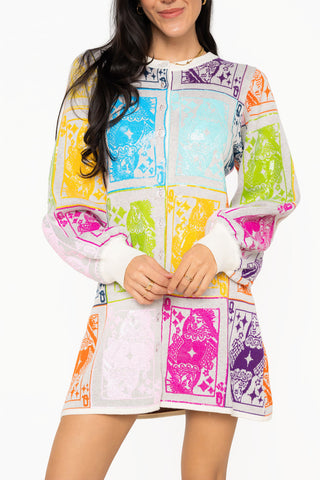 QOS Ivory Multi QOS Queen Card Sweater Dress