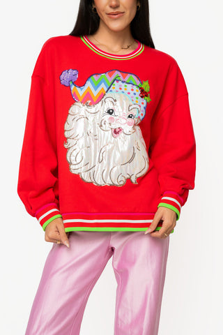 QOS Red Multi Hat Metallic Santa Sweatshirt