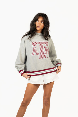 QOS Licensed Texas A&M Grey Gingham Mascot Mock Neck Sweatshirt