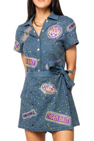 QOS Licensed LSU Denim Multi Rhinestone Scattered Logo Tie Romper