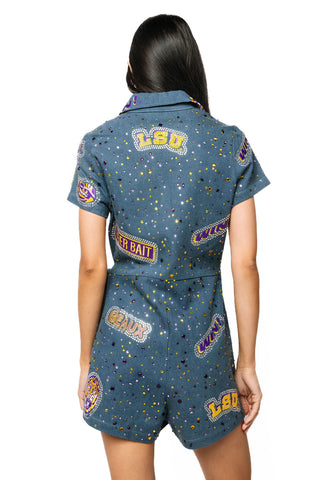 QOS Licensed LSU Denim Multi Rhinestone Scattered Logo Tie Romper