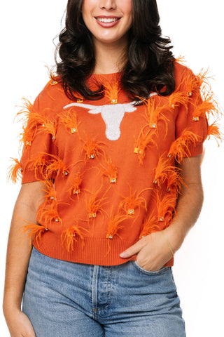 QOS Licensed Texas Mascot Scattered Jewel Feather Short Sleeve Sweater