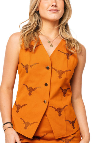 QOS Licensed Texas Tonal Rhinestone Scattered Abbreviation Button Up Vest