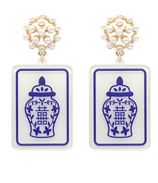 Mahjong Earrings - Blue and White Ginger Jar
