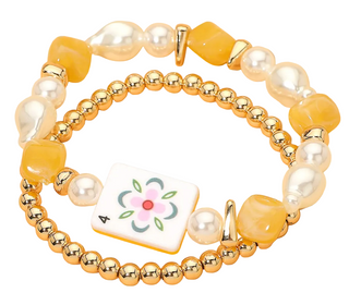 Mahjong Pearl Stackable Bracelet - Yellow Flower