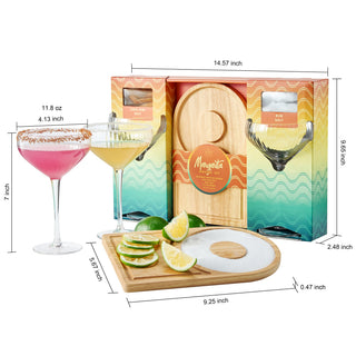 Margarita Glass Salt Board Gift Set Includes 2 Ribbed 12OZ Stemmed Glasses Chili Regular Salt Wooden