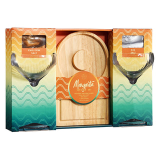 Margarita Glass Salt Board Gift Set Includes 2 Ribbed 12OZ Stemmed Glasses Chili Regular Salt Wooden