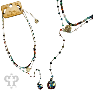Double strand linked bead necklace with Austrian crystal pendant - LC