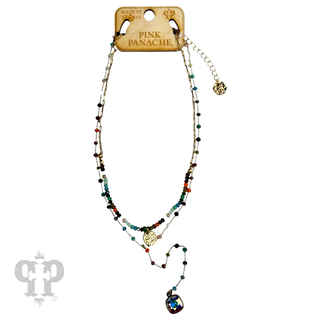 Double strand linked bead necklace with Austrian crystal pendant - LC