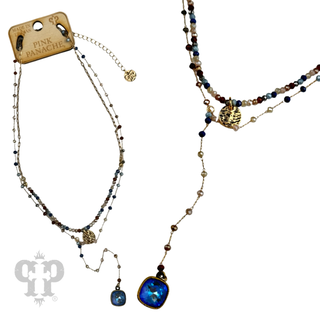 Double strand linked bead necklace with Austrian crystal pendant - LC