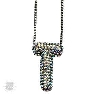 Rhinestone letter pendant on silver necklace
