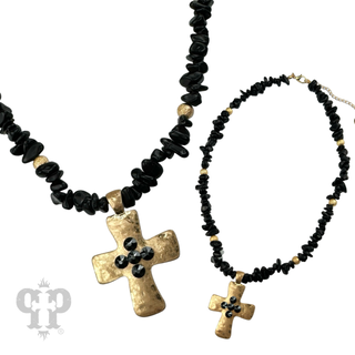 Austrian crystal cross pendant on chip bead necklace - LC