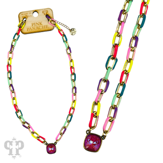 Enamel chain link pendant necklace, Austrian crystal - LC
