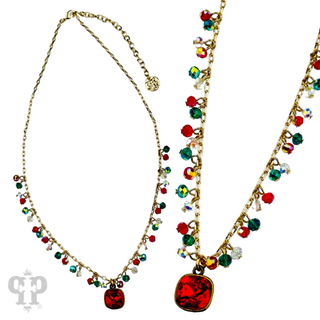 Colorful beads and chain link pendant necklace, Austrian crystal