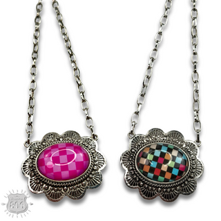 Oval checkerboard pendant necklace