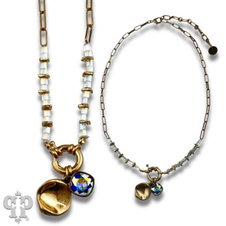 Gold paperclip chain and square glass bead necklace with Austrian crystal