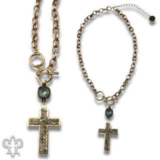 Gold chain and toggle cross necklace with Austrian crystal