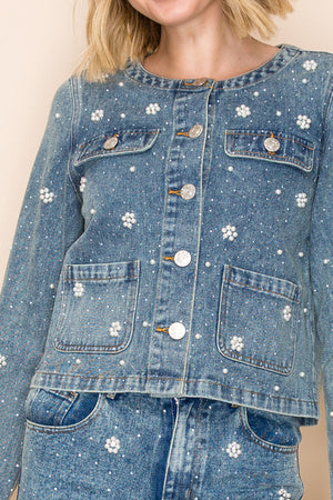 Pearl-embellished Denim Jacket With Flower Designs Vocal