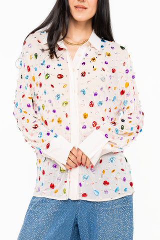 QOS Ivory Jewel & Pearl Button Up Top