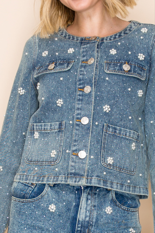 Pearl-embellished Denim Jacket With Flower Designs Vocal