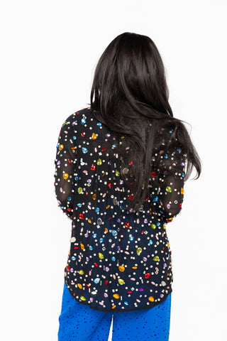 QOS Black Jewel & Pearl Button Up Top