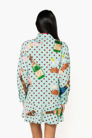 QOS Blue Polka Dot Hands Holding Cocktail Glasses Dress