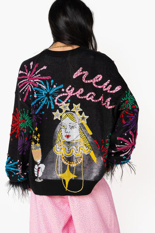 QOS Black New Years Queen Firework Feather Sleeve Sweater