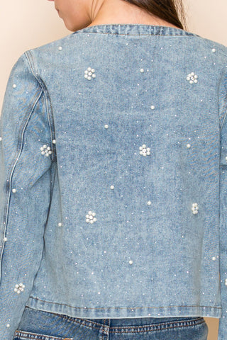 Pearl-embellished Denim Jacket With Flower Designs Vocal