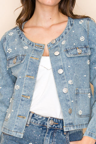 Pearl-embellished Denim Jacket With Flower Designs Vocal