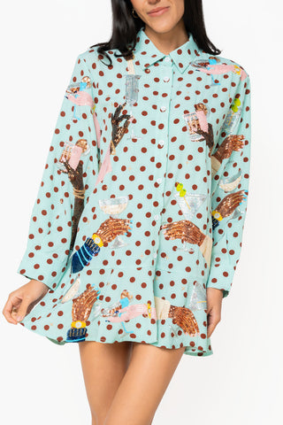 QOS Blue Polka Dot Hands Holding Cocktail Glasses Dress