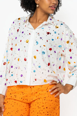 QOS White Jewel & Pearl Button Up Top