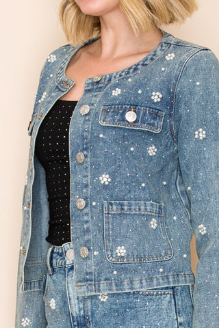 Pearl-embellished Denim Jacket With Flower Designs Vocal