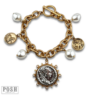 Coin and pearl bead charm bracelet