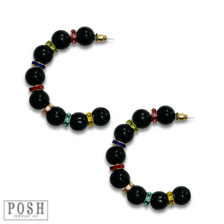 Black bead and rhinestone hoop earring, last call