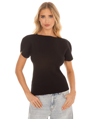 Tailored Knit Puff Sleeve Top - Black