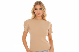 Tailored Knit Puff Sleeve Top - Beige