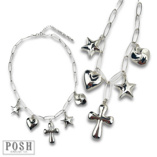 Puffed multi-charm chain necklace
