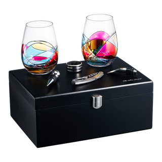 Painted Stemmless Wine Glass Box Set Opener Stopper Drip Ring Wine Pourer 2 Glasses